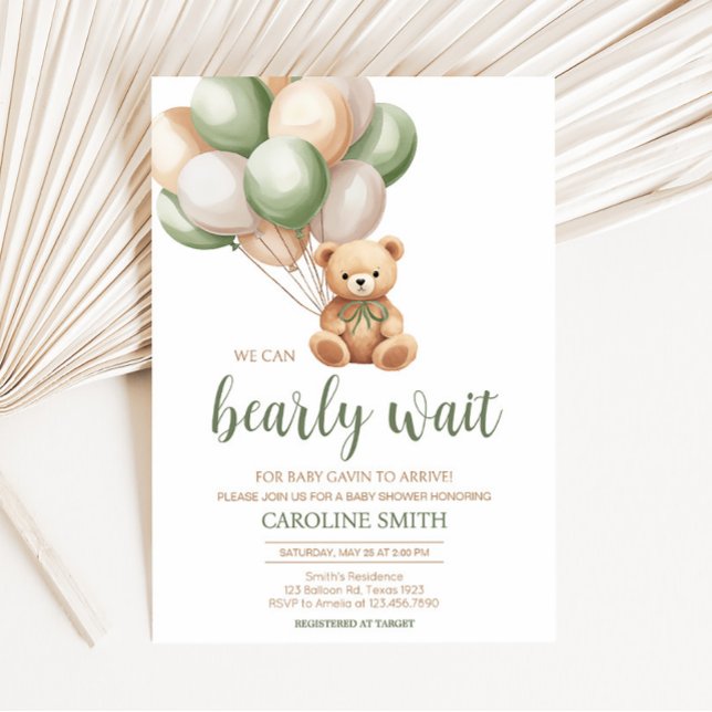 Sage Green Bear Balloon Baby Shower Invitation (Green Boho Bear Baby Shower Invitation)