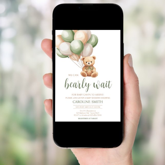 Sage Green Bear Balloon Baby Shower Invitation (Front Digital)