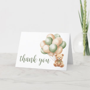 Sage Green Bear Balloon Baby Shower Letterpress Thank You Card
