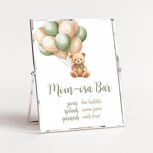 Sage Green Bear Balloon Baby Shower Mom Osa Bar Poster