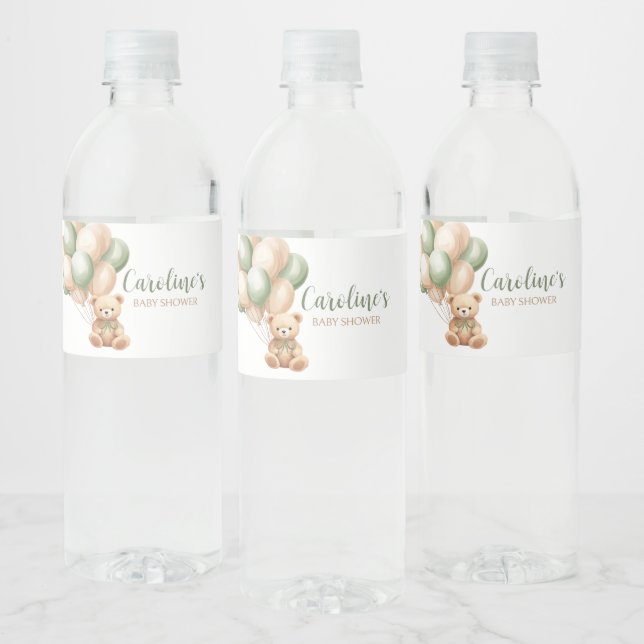Sage Green Bear Balloon Baby Shower Water Bottle Label (Bottles)
