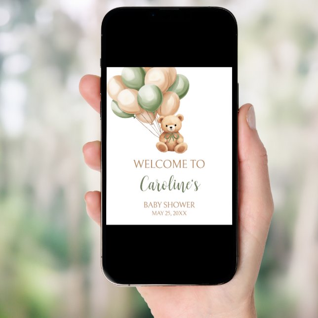 Sage Green Bear Balloon Baby Shower Welcome Poster (Front Digital)