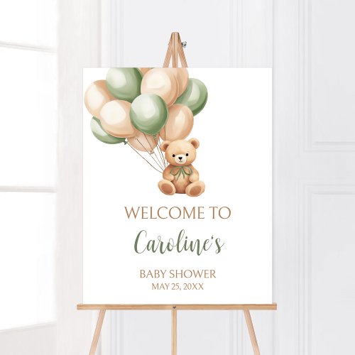 Sage Green Bear Balloon Baby Shower Welcome Poster