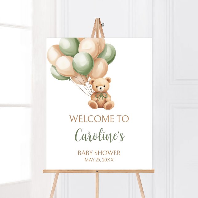 Sage Green Bear Balloon Baby Shower Welcome Poster (Green Boho Bear Baby Shower Welcome Sign)