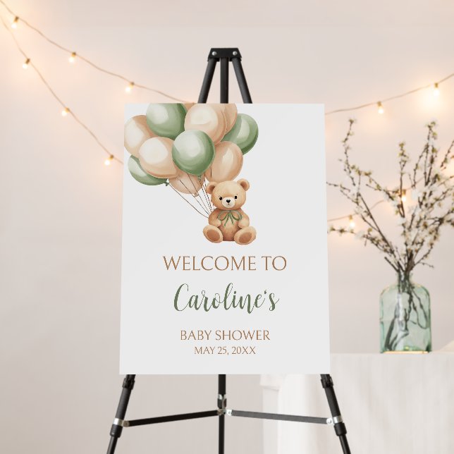 Sage Green Bear Balloon Baby Shower Welcome Sign (In Situ (Stand))