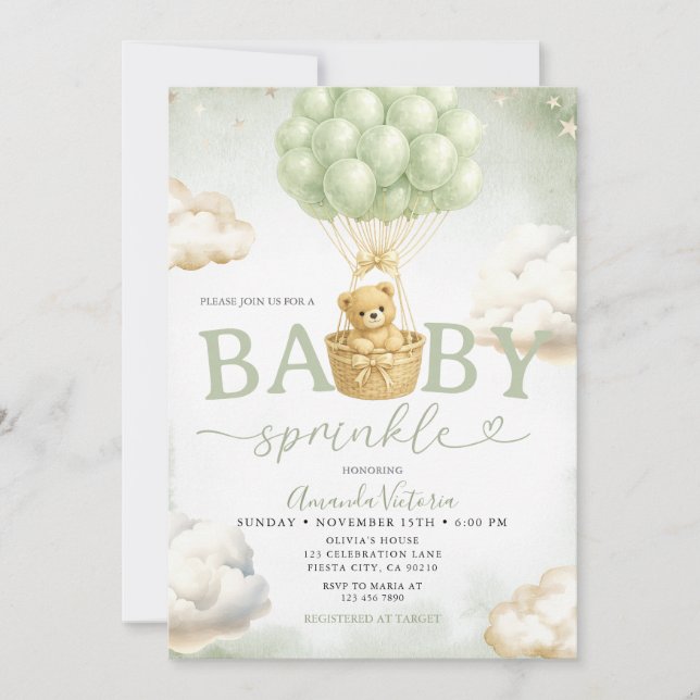 Sage Green Bear Cloud Balloon Baby Shower Invitation (Front)
