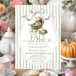 Sage Green Bear Stroller Pumpkin Baby Shower Invitation