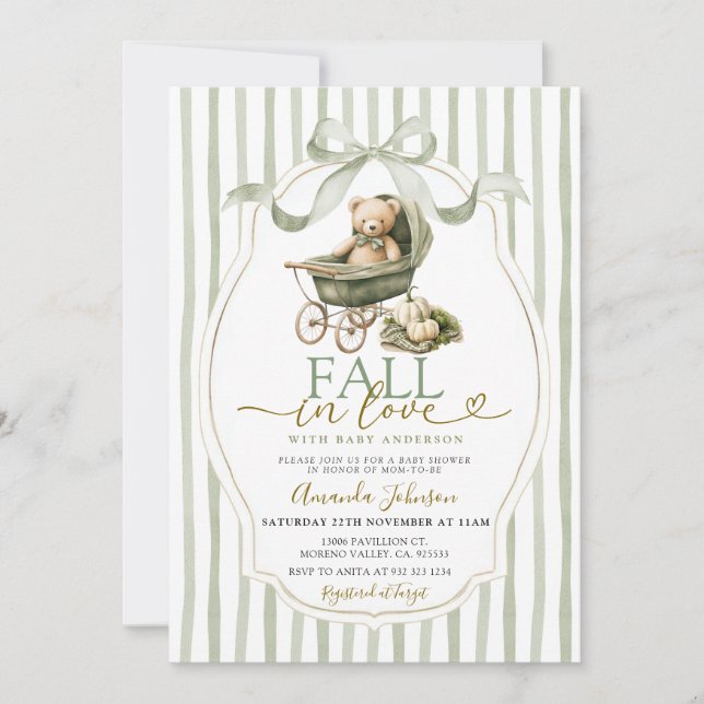 Sage Green Bear Stroller Pumpkin Baby Shower Invitation (Front)