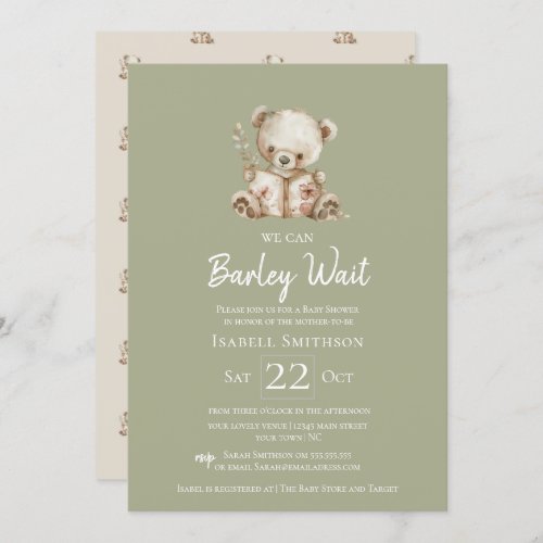 Sage Green Bearly Wait Storybook Bear Baby Shower  Invitation