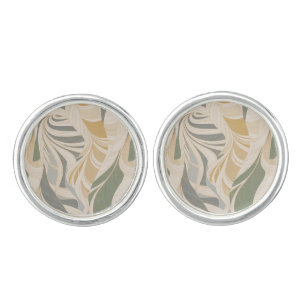 Sage Green Beige Abstract Foliage Pattern Cufflinks
