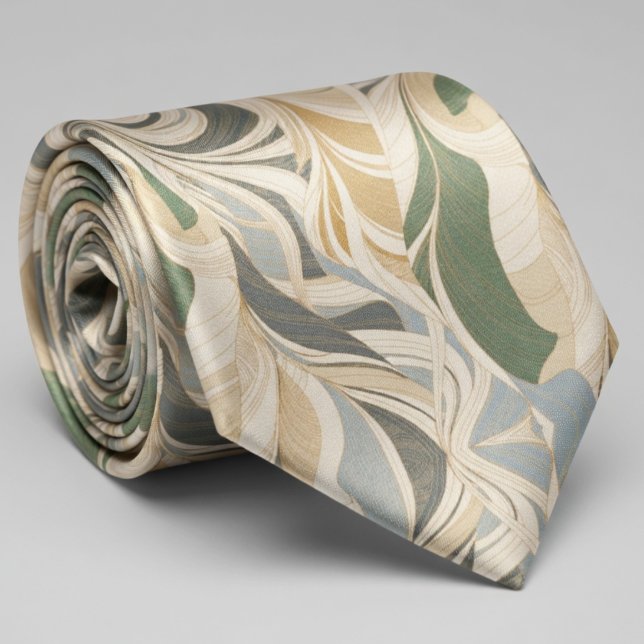 Sage Green Beige Abstract Foliage Pattern Neck Tie (Creator Uploaded)