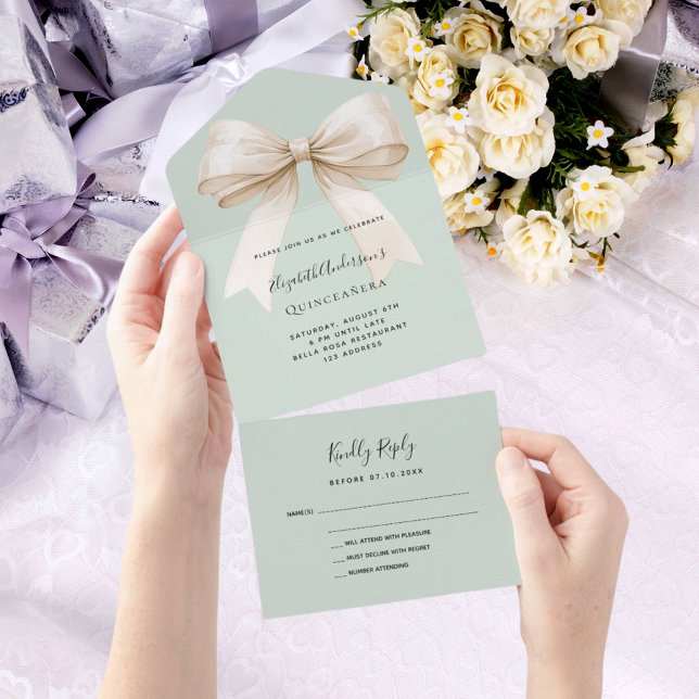 Sage green beige cream bow Quinceanera rsvp All In One Invitation (Creator Uploaded)