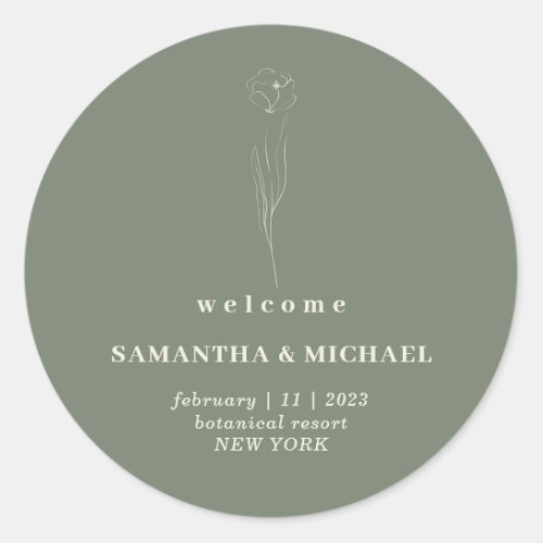 Sage Green Beige Flower Welcome Wedding Classic Round Sticker