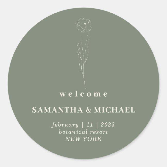 Sage Green Beige Flower Welcome Wedding Classic Round Sticker