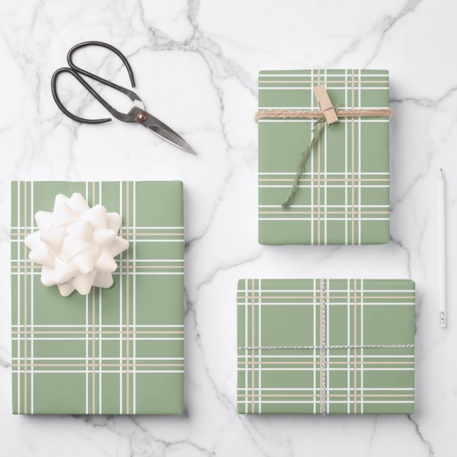 Sage Green Beige Tartan Plaid  Wrapping Paper Sheets (Front)