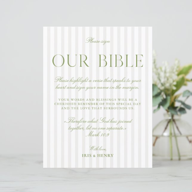 Sage Green & Beige Wedding Our Bible Sign (Standing Front)