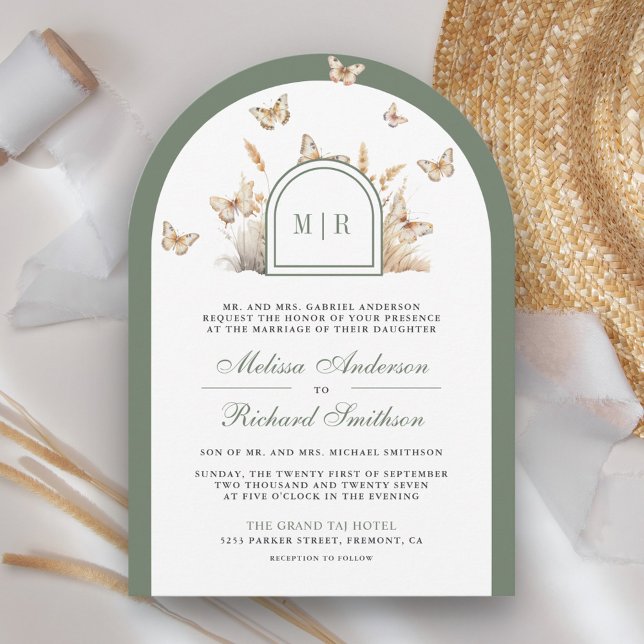 Sage Green Beige Wildflower Butterfly Arch Wedding Invitation (Creator Uploaded)