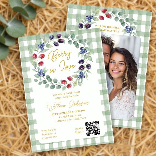 Sage Green Berry in Love Gingham Bridal Shower Invitation