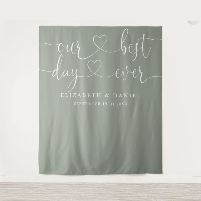 Sage Green Best Day Ever Heart Script Wedding Tapestry (Front)