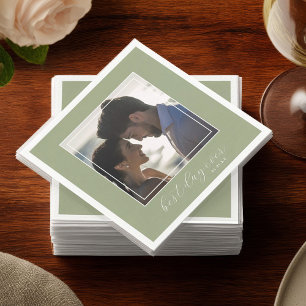 Sage Green Best Day Ever Photo Wedding Cocktail Napkins