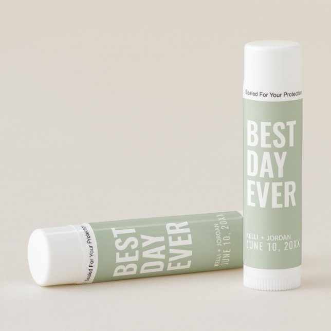 Sage Green Best Day Ever Wedding Favor Lip Balm (Front)