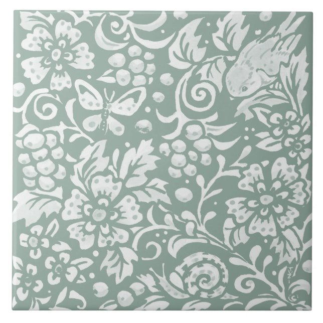 Sage Green Bird Butterfly Snail Floral Ceramic Tile (Front)