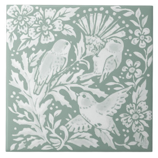 Sage Green Birds Thistle Nature Scene Ceramic Tile