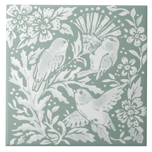 Sage Green Birds Thistle Nature Scene Ceramic Tile (Front)