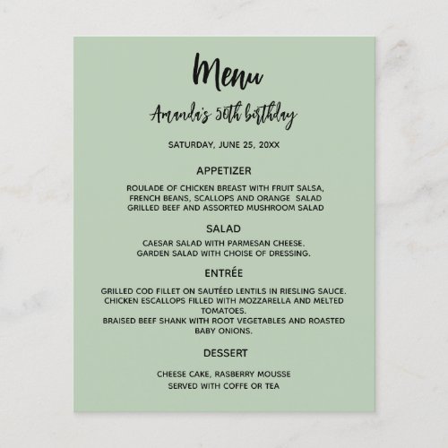 Sage green birthday party menu