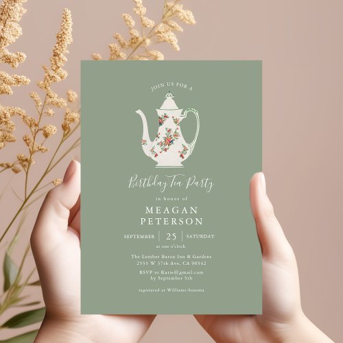 Sage Green Birthday Party Tea Party  Invitation