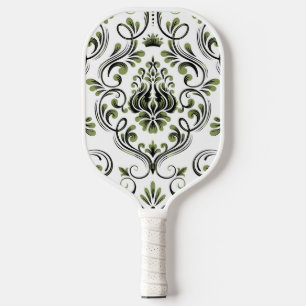 Sage Green Black and White Damask Floral Carbon Fiber Pickleball Paddle