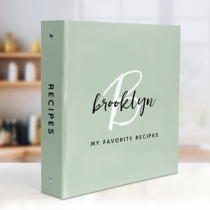 Sage Green Black and White Monogram Recipe 3 Ring Binder