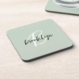 Sage Green Black and White Script Monogram Beverage Coaster