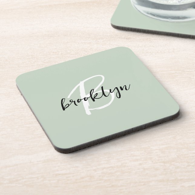 Sage Green Black and White Script Monogram  Beverage Coaster (Left Side)