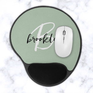 Sage Green Black and White Script Monogram Gel Mouse Pad