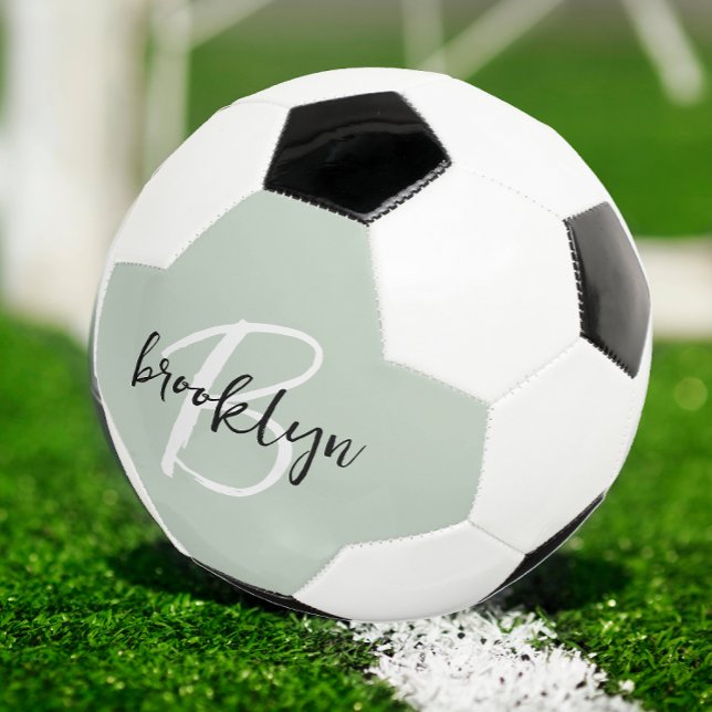 Sage Green Black and White Script Monogram  Soccer Ball (Creator Uploaded)