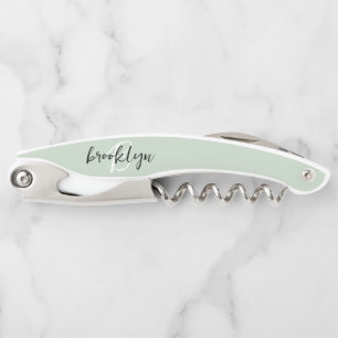 Sage Green Black and White Script Monogram Waiter's Corkscrew
