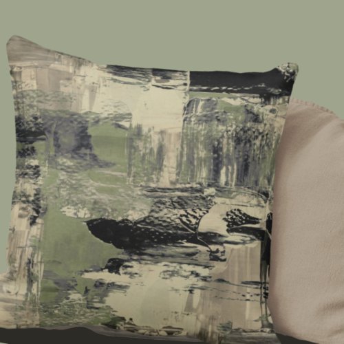 Sage Green  Black Artistic Abstract Painting Throw Pillow