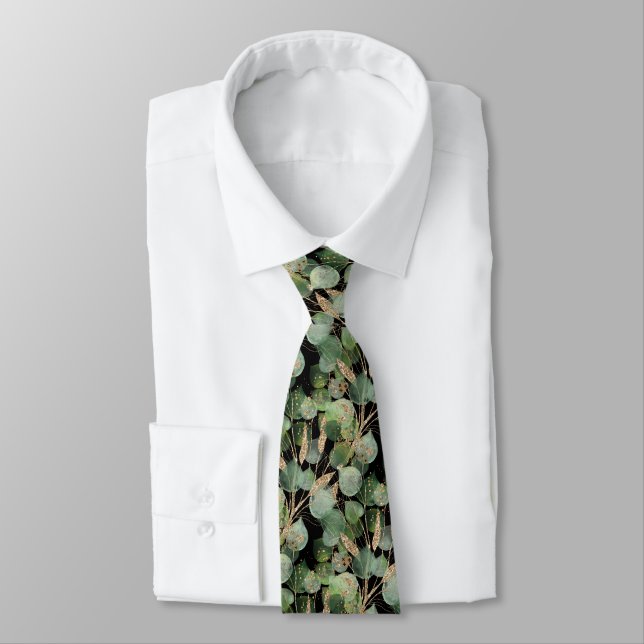 SAGE GREEN BLACK BOTANICAL MENS TIE (Tied)