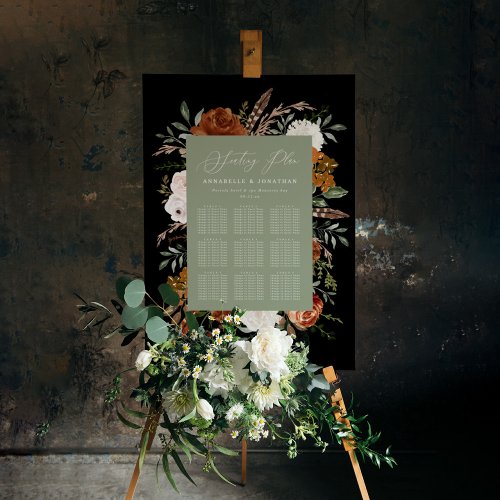 Sage green black chic foliage wedding seating plan foam board