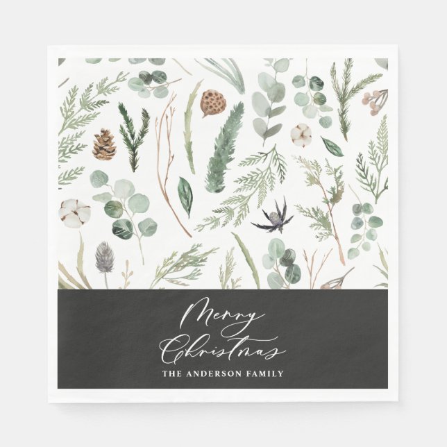 Sage green black Christmas minimal botanical Napkins (Front)