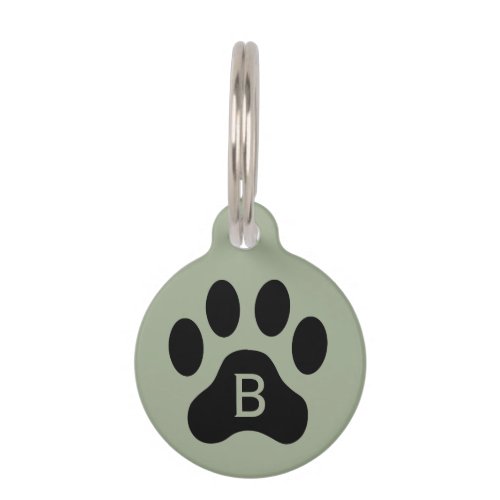 Sage Green Black Dog Paw Print Monogram Pet ID Tag