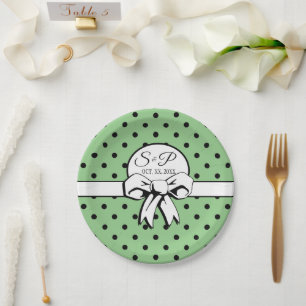 Sage Green Black Dots White Bow Personalized Paper Plates