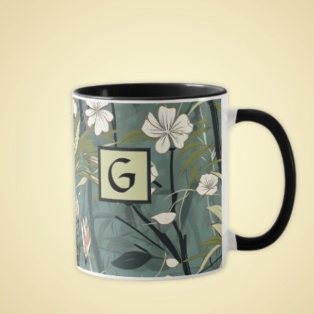 Sage Green Black Floral Japanese Style Monogram  Mug (Creator Uploaded)