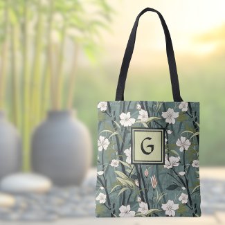 Sage Green Black Floral Japanese Style Monogram 