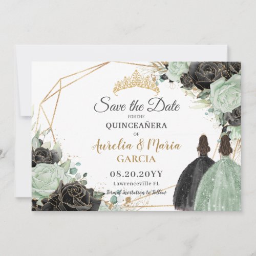 Sage Green Black Floral Twins XV Quincea&#241;era Save The Date