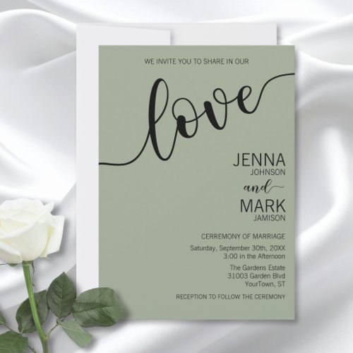 Sage Green Black Love Script Minimalist Wedding  I Invitation