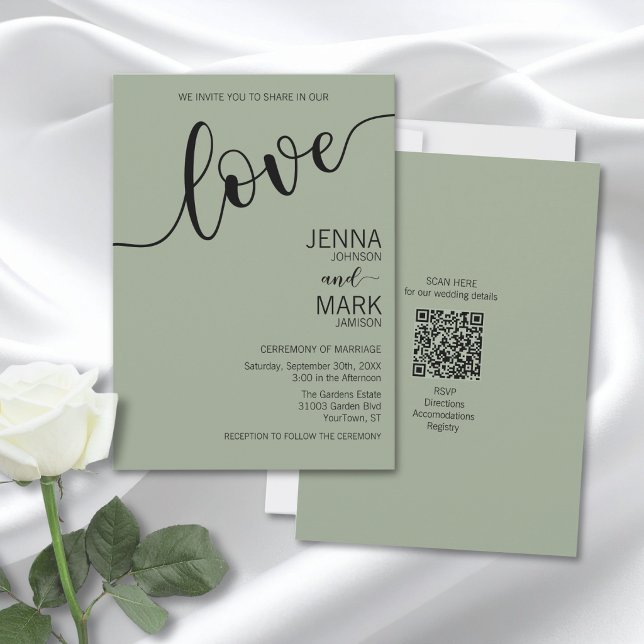 Sage Green Black Love Script Minimalist Wedding Invitation (Creator Uploaded)