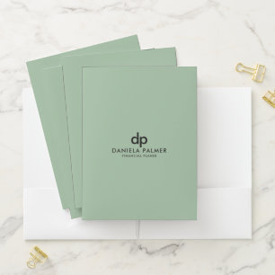 Sage green, black minimalistic monogram pocket folder