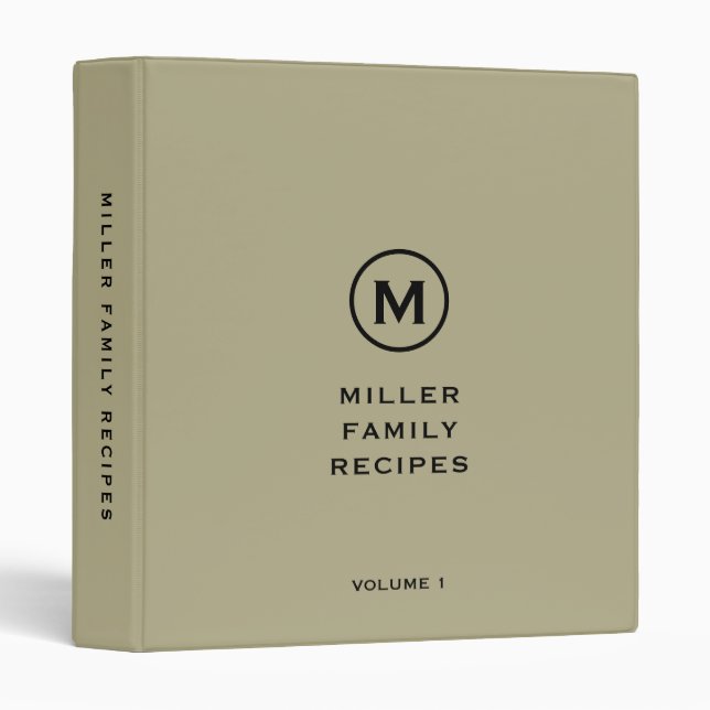 Sage Green Black Monogram Family Recipe 3 Ring Binder (Front/Spine)